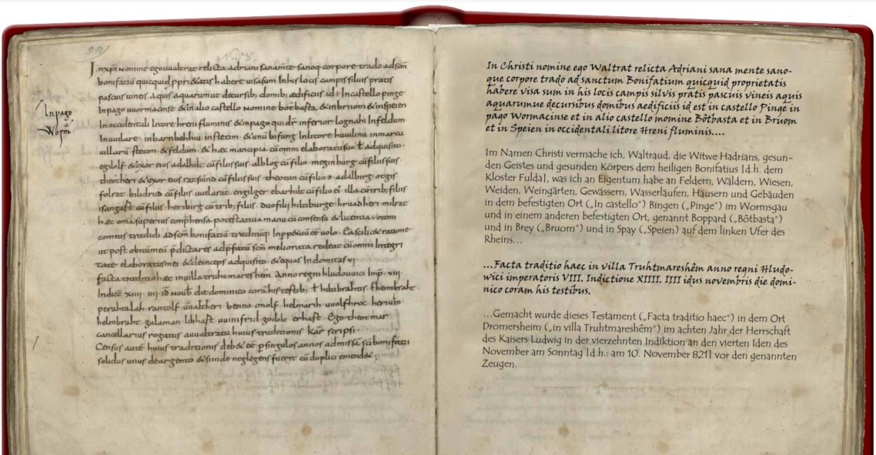 Urkunde 821 | © StA Marburg, K 424, Bl. 28v : urkundliche Ersterwähnung von 821 November 10 Urkunde 821 | © StA Marburg, K 424, Bl. 28v : urkundliche Ersterwähnung von 821 November 10