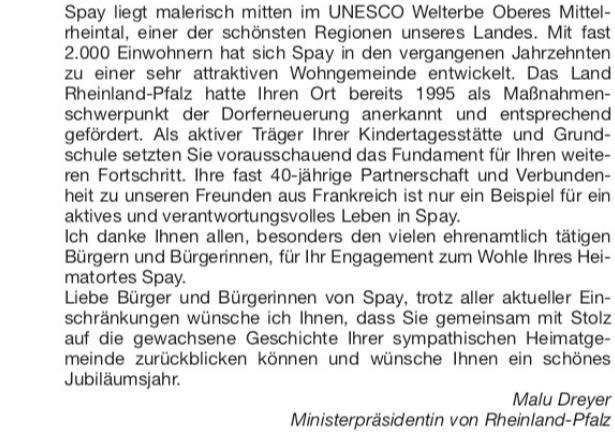 Grußworte Ministerpräsidentin Malu Dreyer2 | © Ortsgemeinde Spay Grußworte Ministerpräsidentin Malu Dreyer2 | © Ortsgemeinde Spay