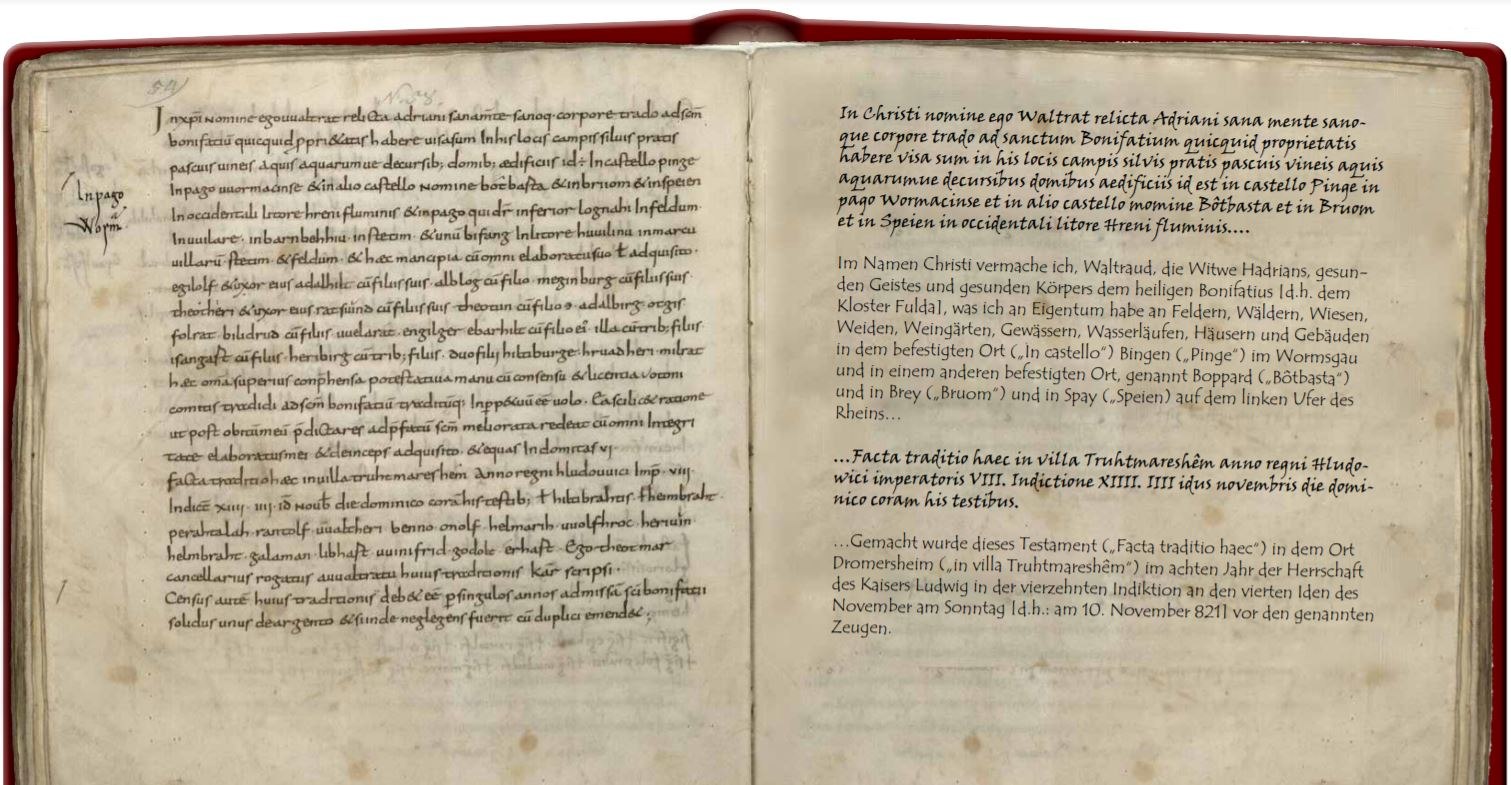 Urkunde 821 | © StA Marburg, K 424, Bl. 28v : urkundliche Ersterwähnung von 821 November 10 Urkunde 821 | © StA Marburg, K 424, Bl. 28v : urkundliche Ersterwähnung von 821 November 10