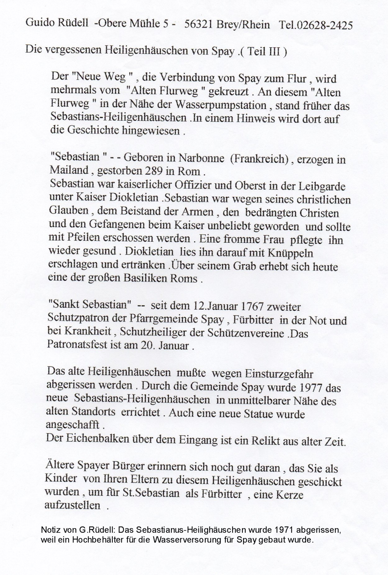 Notizen G. Rüdell St. Sebastianus Heiligenhäuschen | © Bildarchiv Ortsgemeinde Spay