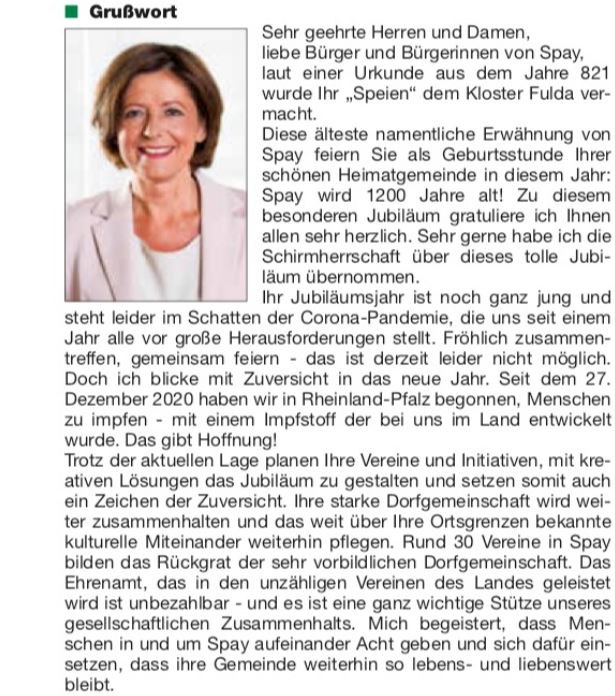Grußworte Ministerpräsidentin Malu Dreyer1 | © Ortsgemeinde Spay Grußworte Ministerpräsidentin Malu Dreyer1 | © Ortsgemeinde Spay